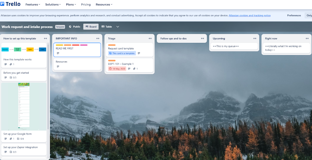 screenshot from a virtual example of a project management board on Trello. Source: https://trello.com/use-cases/project-management