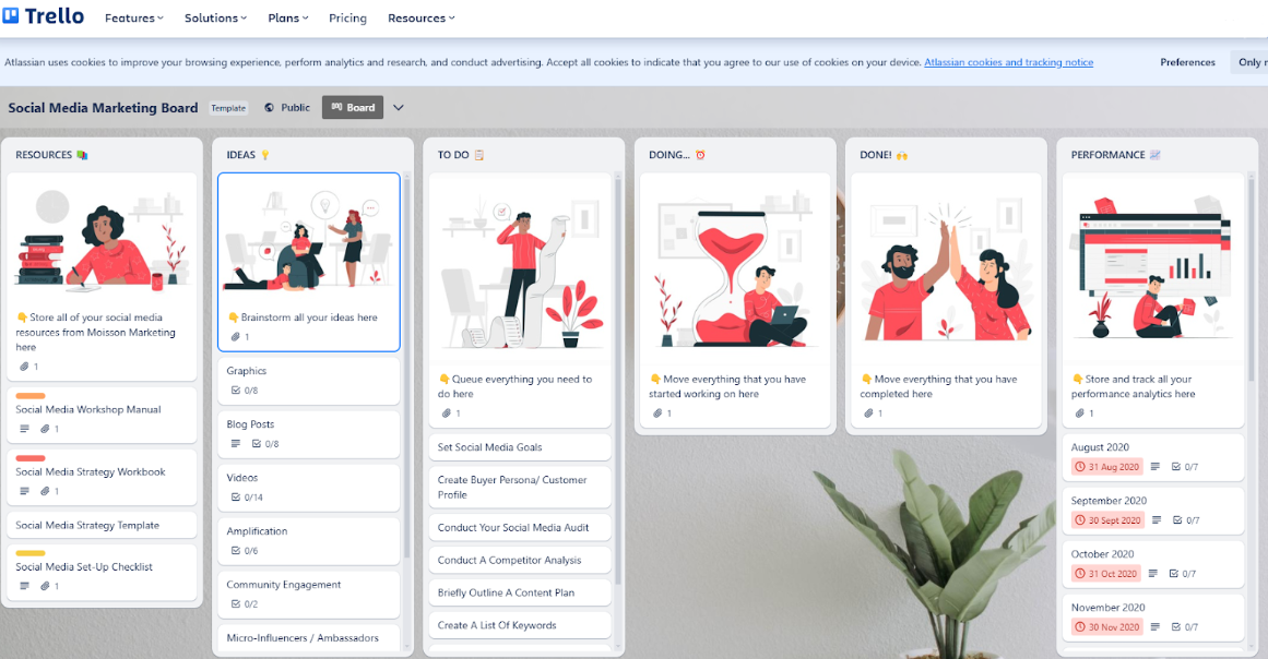 use Trello to manage your social media plans. Source: https://trello.com/b/7bPs6109
