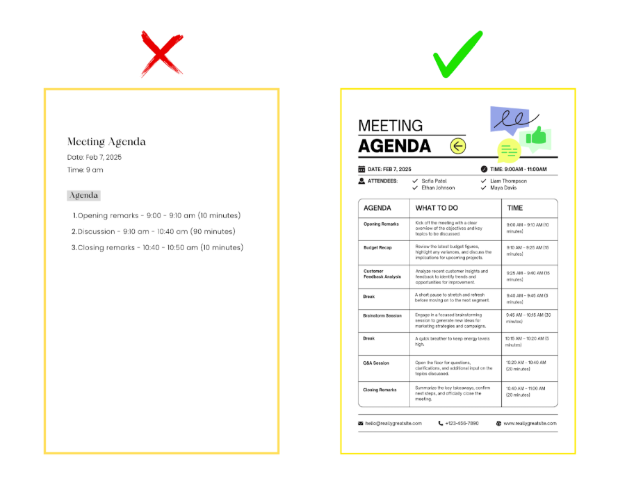 Visual comparison of two meeting agendas. On the left, a basic text-only agenda with a red X mark. On the right, a structured and visually engaging agenda with clear sections, icons, timing, and attendee names, marked with a green check.