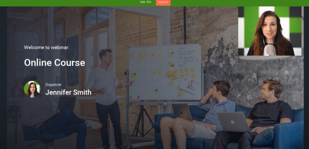 ClickMeeting webinar interface for an online course featuring a presenter at a whiteboard with attendees seated, and a live video feed of the host in the top right corner. Source: https://clickmeeting.com/tools/video-conferencing