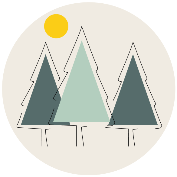 Minimalist illustration of three triangular pine trees in muted greens inside a cream circle, with a small yellow sun, on a pale green background.