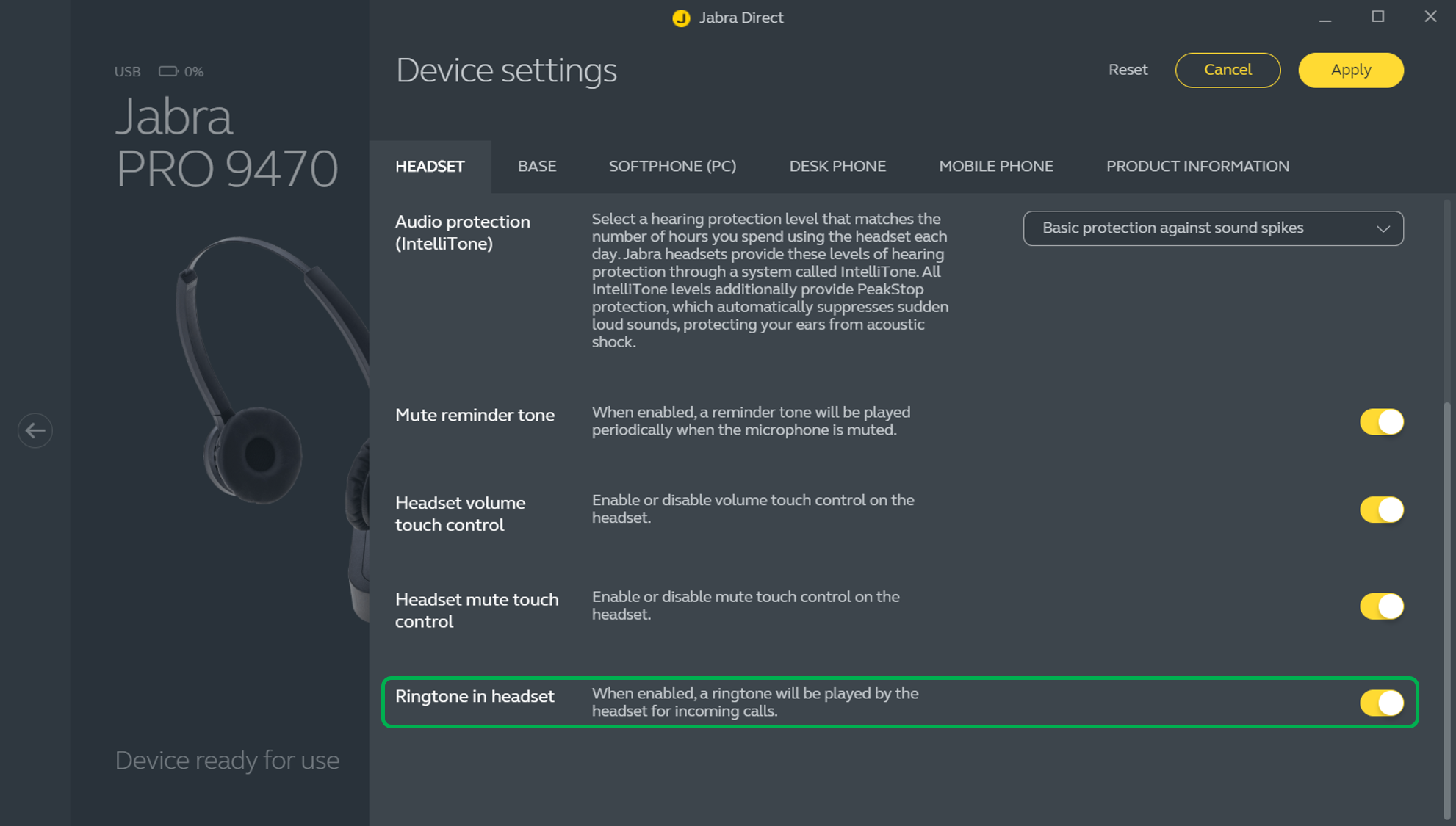 How do I turn on off the ringtone signal in my headset using Jabra